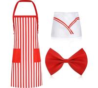 Karnival Costume, adulto kit de disfraz de camarero rojo y blanco a rayas y gorro de cocinero conjunto pajarita palomitas de maíz traje para Halloween, cosplay, carnaval Fancy (A-1)