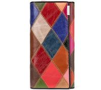 Karoukee Billetera Bifold de Cuero Genuino para Mujer, Cartera de Gran Capacidad para Tarjetas de Crédito, Embrague Única de Patchwork con Compartimiento para Teléfono, Monedero con Cerradura de Beso