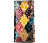 Karoukee Billetera Bifold de Cuero Genuino para Mujer, Cartera de Gran Capacidad para Tarjetas de Crédito, Embrague Única de Patchwork con Compartimiento para Teléfono, Monedero con Cerradura de Beso