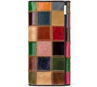 Karoukee Billetera Bifold de Cuero Genuino para Mujer, Cartera de Gran Capacidad para Tarjetas de Crédito, Embrague Única de Patchwork con Compartimiento para Teléfono, Monedero con Cerradura de Beso