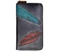 Karoukee Billetera de Cuero Genuino para Mujer con Diseño de Pluma en Relieve, Porta Tarjeta de Crédito con Bloqueo RFID, Cartera Grande para Mujer con Cierre de Cremallera