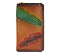 Karoukee Billetera de Cuero Genuino para Mujer con Diseño de Pluma en Relieve, Porta Tarjeta de Crédito con Bloqueo RFID, Cartera Grande para Mujer con Cierre de Cremallera