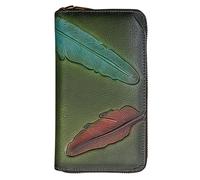 Karoukee Billetera de Cuero Genuino para Mujer con Diseño de Pluma en Relieve, Porta Tarjeta de Crédito con Bloqueo RFID, Cartera Grande para Mujer con Cierre de Cremallera