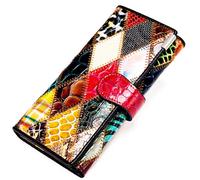 Karoukee Billetera Grande Única para Mujeres con Diseño de Parches, Cartera de Tarjetas de Crédito Piel Genuina de Colores, Monedero de Mano con 3 Ventanas de ID y Compartimiento para Teléfono
