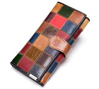 Karoukee Billetera Grande Única para Mujeres con Diseño de Parches, Cartera de Tarjetas de Crédito Piel Genuina de Colores, Monedero de Mano con 3 Ventanas de ID y Compartimiento para Teléfono