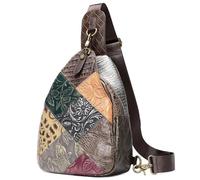 Karoukee Bolso Bandolera Vintage para Mujer, Bolso de Pecho de Cuero Genuino, Mochila de Hombro Multicolor com Diseño Patchwork, Adecuado para Senderismo, Ciclismo, Viajes