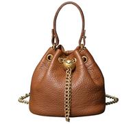 Karoukee Bolso Bucket Luxury de Cuero Genuino para Mujer, Bolso Bandolera Pequeño con Correa de Cadena Extraíble, Bolso de Mano Elegante para Teléfono, Cartera y Cosméticos - Marrón