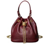 Karoukee Bolso Bucket Luxury de Cuero Genuino para Mujer, Bolso Bandolera Pequeño con Correa de Cadena Extraíble, Bolso de Mano Elegante para Teléfono, Cartera y Cosméticos - Rojo Vino