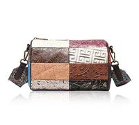 Karoukee Bolso de Hombro Pequeño de Mujeres con Diseño Patchwork, Retro Bolsos Bandolera de Cuero Genuino en Relieve, Bolso de Mano Vintage, Bolsa de Teléfono Celular Moda con Correa Ajustable