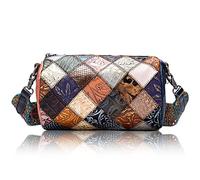 Karoukee Bolso de Hombro Pequeño de Mujeres con Diseño Patchwork, Retro Bolsos Bandolera de Cuero Genuino en Relieve, Bolso de Mano Vintage, Bolsa de Teléfono Celular Moda con Correa Ajustable