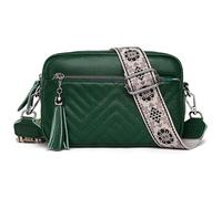 Karoukee Bolso Pequeño de Hombro de Cuero Auténtico para Mujer, Bandolera con 3 Bolsillos Independientes, Bolso de Mano con Diseño Acolchado en Diamante, Correa Ancha con Estampado Floral - Verde