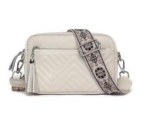Karoukee Bolso Pequeño de Hombro de Cuero Auténtico para Mujer, Bandolera con 3 Bolsillos Independientes, Bolso de Mano con Diseño Acolchado en Diamante, Correa Ancha con Estampado Floral - Crema