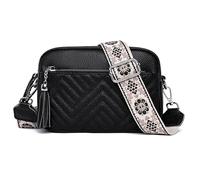 Karoukee Bolso Pequeño de Hombro de Cuero Auténtico para Mujer, Bandolera con 3 Bolsillos Independientes, Bolso de Mano con Diseño Acolchado en Diamante, Correa Ancha con Estampado Floral - Negro