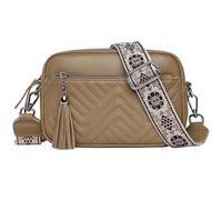 Karoukee Bolso Pequeño de Hombro de Cuero Auténtico para Mujer, Bandolera con 3 Bolsillos Independientes, Bolso de Mano con Diseño Acolchado en Diamante, Correa Ancha con Estampado Floral - Caqui