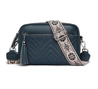 Karoukee Bolso Pequeño de Hombro de Cuero Auténtico para Mujer, Bandolera con 3 Bolsillos Independientes, Bolso de Mano con Diseño Acolchado en Diamante, Correa Ancha con Estampado Floral - Azul