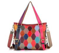 Karoukee Bolso Tote en Cuero Véritable Multicolor para Mujer, Bolso de Hombro Patchwork Elegant, Grande Bolsos Bandolera a la Moda, Bonito Bolso de Mano con Correa Ajustable y Extraíble