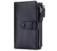 Karoukee Cartera de Cuero Auténtico para Mujer, Monedero Gran Capacidad, Tarjetero con 2 Bolsillos con Cremallera, 18 Ranuras para Tarjetas, Ventana de DNI y Funda para Tarjetas Extraíble - Negro