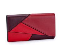 Karoukee Cartera de Cuero Genuino para Mujer con Diseño Geométrico de Bloques de Color, Monedero Moderno con Bolsillo para Móvil, Portatarjetas con Bloqueo RFID - Burdeos/Rojo Brillante