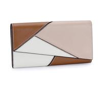 Karoukee Cartera de Cuero Genuino para Mujer con Diseño Geométrico de Bloques de Color, Monedero Moderno con Bolsillo para Móvil, Portatarjetas con Bloqueo RFID - Marrón/Albaricoque/Blanco