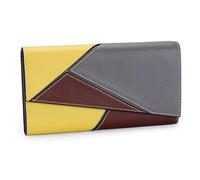 Karoukee Cartera de Cuero Genuino para Mujer con Diseño Geométrico de Bloques de Color, Monedero Moderno con Bolsillo para Móvil, Portatarjetas con Bloqueo RFID - Amarillo/Gris/Marrón