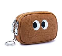 Karoukee Cartera Llavero de Cuero de Vacuno para Mujer, Monedero Mini Compacto con Cremallera Doble, Capacidad para Dinero, Monedas y Pintalabios, 2 Compartimentos Separados - Marrón