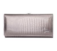 Karoukee Cartera Mujer Piel Charol Brillante - Elegante Monedero con Relieve de Cocodrilo, Tarjetero Grande con Bloqueo RFID | Compatible 6,3 Pulgadas + 8 Ranuras | Bolsillo Kiss-Lock - Plata