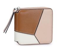 Karoukee Cartera Pequeña para Mujer con Diseño Geométrico de Bloques de Color, Billetera en Cuero Genuino, Portatarjetas con 4 Ranuras y Bolsillo para Monedas - Marrón/Albaricoque/Blanco