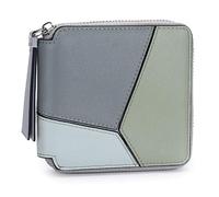 Karoukee Cartera Pequeña para Mujer con Diseño Geométrico de Bloques de Color, Billetera en Cuero Genuino, Portatarjetas con 4 Ranuras y Bolsillo para Monedas - Gris/Verde/Azul