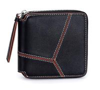 Karoukee Cartera Pequeña para Mujer con Diseño Geométrico de Bloques de Color, Billetera en Cuero Genuino, Portatarjetas con 4 Ranuras y Bolsillo para Monedas - Negro/Marrón