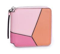 Karoukee Cartera Pequeña para Mujer con Diseño Geométrico de Bloques de Color, Billetera en Cuero Genuino, Portatarjetas con 4 Ranuras y Bolsillo para Monedas - Rosa/Marrón/Rosa Oscuro