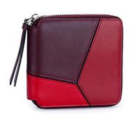 Karoukee Cartera Pequeña para Mujer con Diseño Geométrico de Bloques de Color, Billetera en Cuero Genuino, Portatarjetas con 4 Ranuras y Bolsillo para Monedas - Burdeos/Rojo Brillante
