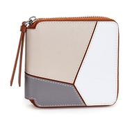 Karoukee Cartera Pequeña para Mujer con Diseño Geométrico de Bloques de Color, Billetera en Cuero Genuino, Portatarjetas con 4 Ranuras y Bolsillo para Monedas - Gris/Caqui/Blanco