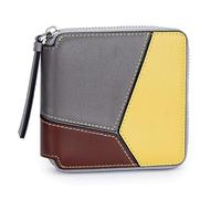 Karoukee Cartera Pequeña para Mujer con Diseño Geométrico de Bloques de Color, Billetera en Cuero Genuino, Portatarjetas con 4 Ranuras y Bolsillo para Monedas - Amarillo/Gris/Marrón