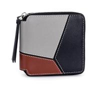 Karoukee Cartera Pequeña para Mujer con Diseño Geométrico de Bloques de Color, Billetera en Cuero Genuino, Portatarjetas con 4 Ranuras y Bolsillo para Monedas - Negro/Marrón/Gris