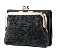 Karoukee Cartera Trifold Pequeña de Cuero Genuino para Mujer, Titular de Tarjeta de Crédito con Bloqueo RFID, Monedero Compacto con Cierre Kiss-Lock y 8 Bolsillos para Tarjetas(Negro)