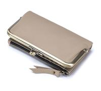 Karoukee Cartera Vintage de Cuero Genuino para Mujer, Billetera Grande para Teléfono con Cierre de Beso y Bolsillo para Monedas, Portatarjetas con Bloqueo RFID, Organizador de 12 Ranuras - Gris