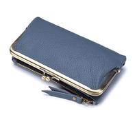 Karoukee Cartera Vintage de Cuero Genuino para Mujer, Billetera Grande para Teléfono con Cierre de Beso y Bolsillo para Monedas, Portatarjetas con Bloqueo RFID, Organizador de 12 Ranuras - Azul