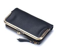 Karoukee Cartera Vintage de Cuero Genuino para Mujer, Billetera Grande para Teléfono con Cierre de Beso y Bolsillo para Monedas, Portatarjetas con Bloqueo RFID, Organizador de 12 Ranuras - Negro