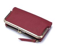 Karoukee Cartera Vintage de Cuero Genuino para Mujer, Billetera Grande para Teléfono con Cierre de Beso y Bolsillo para Monedas, Portatarjetas con Bloqueo RFID, Organizador de 12 Ranuras - Rojo