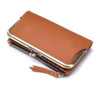 Karoukee Cartera Vintage de Cuero Genuino para Mujer, Billetera Grande para Teléfono con Cierre de Beso y Bolsillo para Monedas, Portatarjetas con Bloqueo RFID, Organizador de 12 Ranuras - Marrón