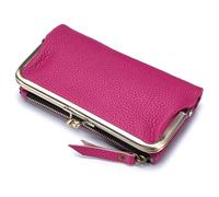 Karoukee Cartera Vintage de Cuero Genuino para Mujer, Billetera Grande para Teléfono con Cierre de Beso y Bolsillo para Monedas, Portatarjetas con Bloqueo RFID, Organizador de 12 Ranuras - Rosa