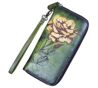 Karoukee Cartera Vintage para Mujer, Cartera de Mano de Piel Genuina con Rosas Pintadas, Billetera Grande para Tarjetas de Crédito, Clutch Pequeña con Correa de Mano Removible