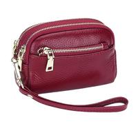 Karoukee Monedero Clásica de Mujer de Cuero Genuino - Pequeño Cartera de Mano con 3 Compartimentos Separados, Elegante Monedero con Herrajes Dorados y Correa de Muñeca(Vino Rojo)