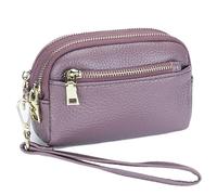 Karoukee Monedero Clásica de Mujer de Cuero Genuino - Pequeño Cartera de Mano con 3 Compartimentos Separados, Elegante Monedero con Herrajes Dorados y Correa de Muñeca(Lila)