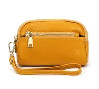 Karoukee Monedero Clásica de Mujer de Cuero Genuino - Pequeño Cartera de Mano con 3 Compartimentos Separados, Elegante Monedero con Herrajes Dorados y Correa de Muñeca(Amarillo)