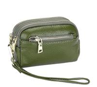 Karoukee Monedero Clásica de Mujer de Cuero Genuino - Pequeño Cartera de Mano con 3 Compartimentos Separados, Elegante Monedero con Herrajes Dorados y Correa de Muñeca(Verde)