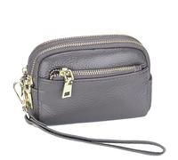 Karoukee Monedero Clásica de Mujer de Cuero Genuino - Pequeño Cartera de Mano con 3 Compartimentos Separados, Elegante Monedero con Herrajes Dorados y Correa de Muñeca(Gris)
