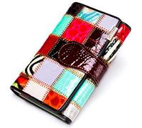 Karoukee Pequeña Cartera de Cuero Genuino para Mujer, Única Dama Cartera de Tarjeta de Crédito con Diseño Patchwork de Colores, Monedero Multicolor con Ventana de ID y Bolsillo de Cremallera