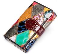 Karoukee Pequeña Cartera de Cuero Genuino para Mujer, Única Dama Cartera de Tarjeta de Crédito con Diseño Patchwork de Colores, Monedero Multicolor con Ventana de ID y Bolsillo de Cremallera