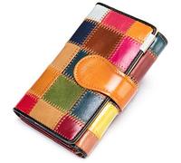 Karoukee Pequeña Cartera de Cuero Genuino para Mujer, Única Dama Cartera de Tarjeta de Crédito con Diseño Patchwork de Colores, Monedero Multicolor con Ventana de ID y Bolsillo de Cremallera